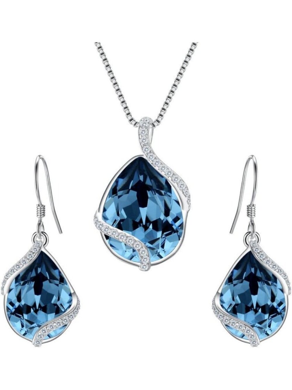 925 Sterling Silver Teardrop Pendant Necklace & Earrings Set - Adjustable, CZ